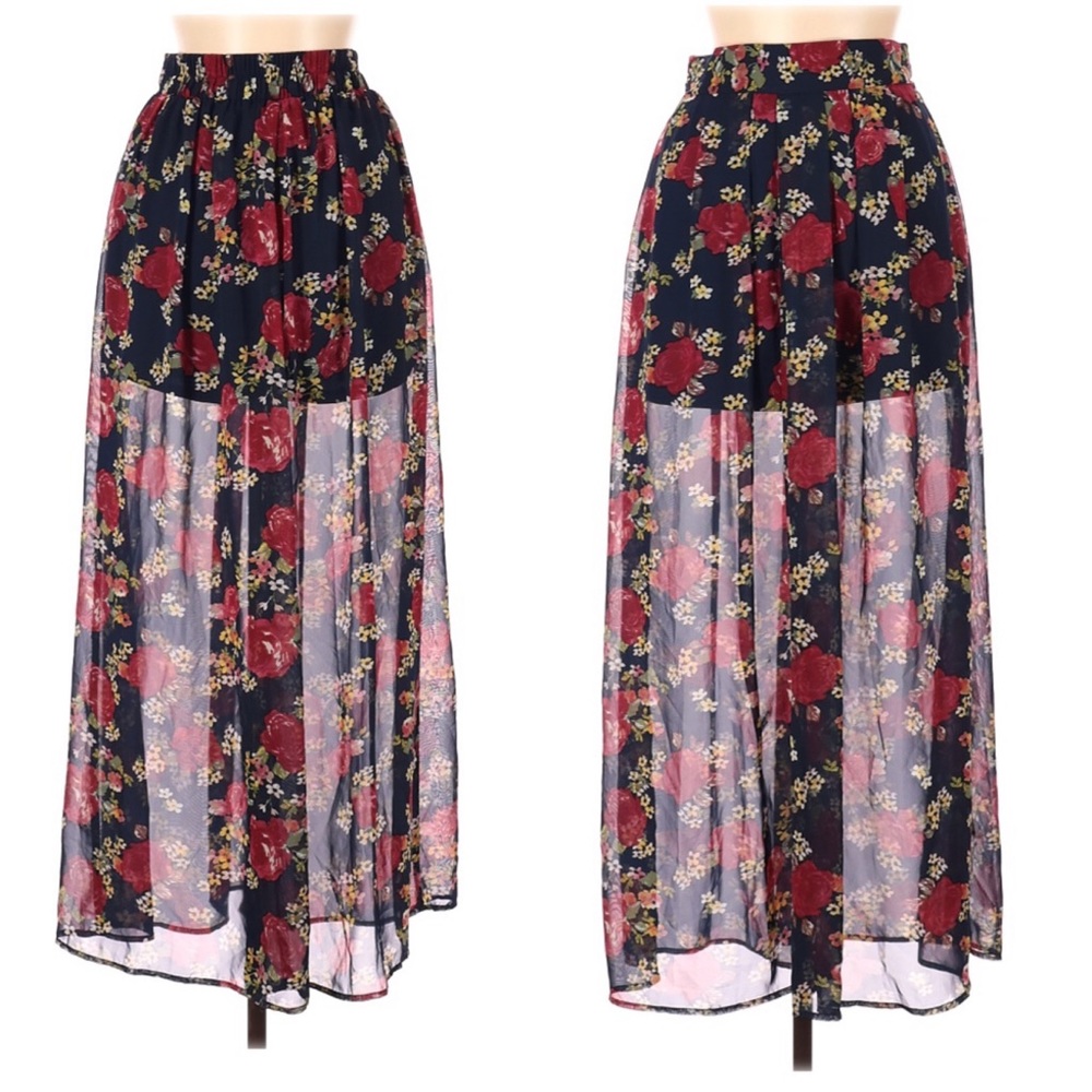 LIVING DOLL Floral Rose Pleated Sheer Maxi Skirt